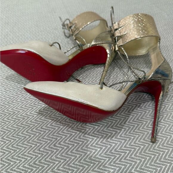 Christian Louboutin Cord Ankle  100mm Gold Lace-Up Heels Size 7.5 - Picture 12 of 15